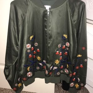 Xhilaration Green Satin Floral Bomber